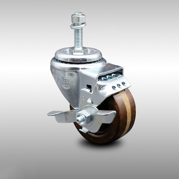 Service Caster 3 Inch SS High Temp Phenolic Swivel 10mm Threaded Stem Caster with Brake SCC SCC-SSTS20S314-PHSHT-TLB-M1015 - main